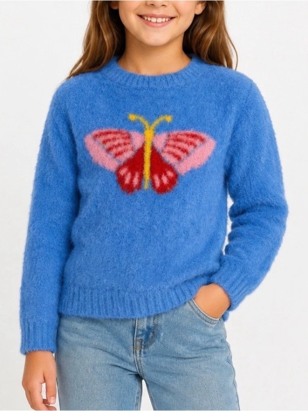 Finding Foxtale fuzzy blue Butterfly sweater, size 8
